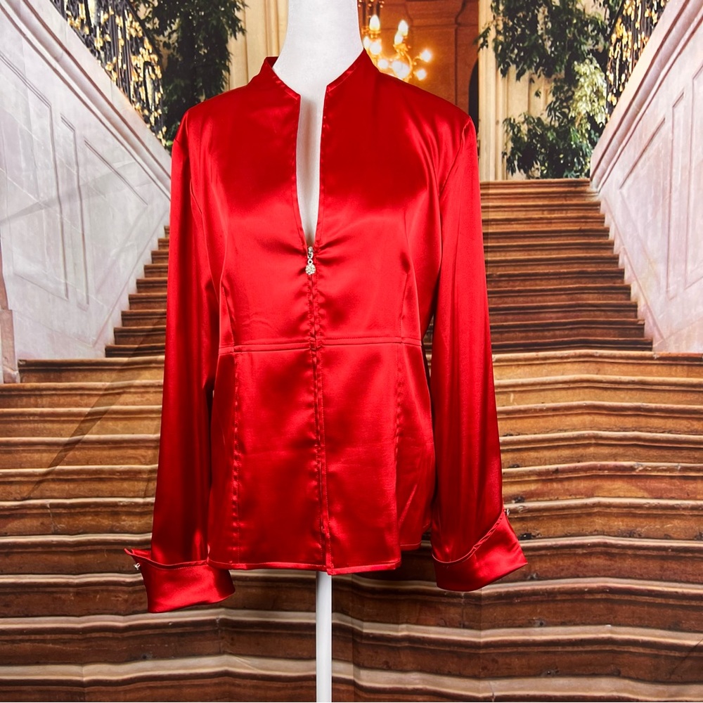 Gorgeous Metaphor Red Long Sleeve Zip Front Blouse, Rhinestone Embellishments